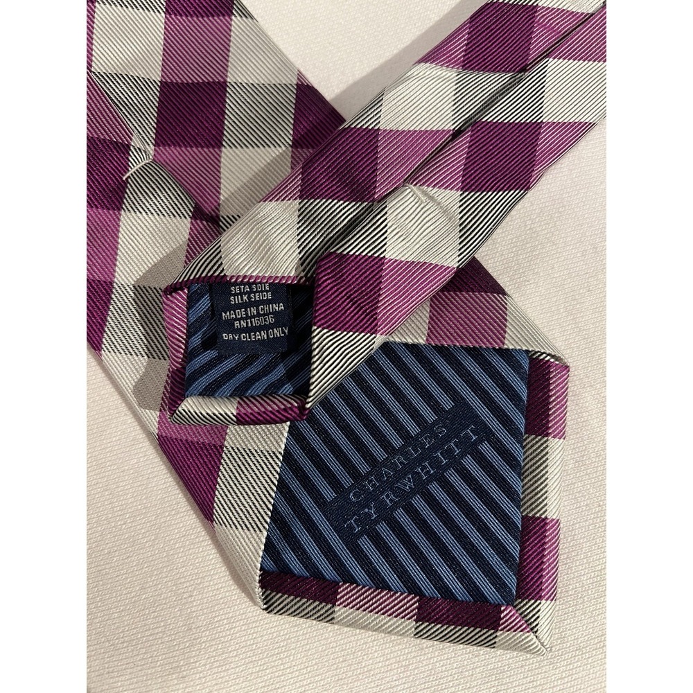 Charles Tyrwhitt Purple Check Plaid Geometric Woven Repp 100% Silk Tie Necktie